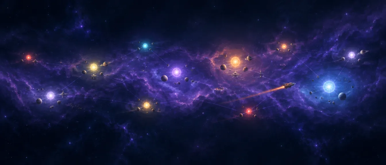 Gugus bintang Near Arm di jalur nebula ungu, garis pengaruh tipis di antara koloni baru, dan satu kapal koloni berjejak oranye menuju bintang biru yang belum diklaim.