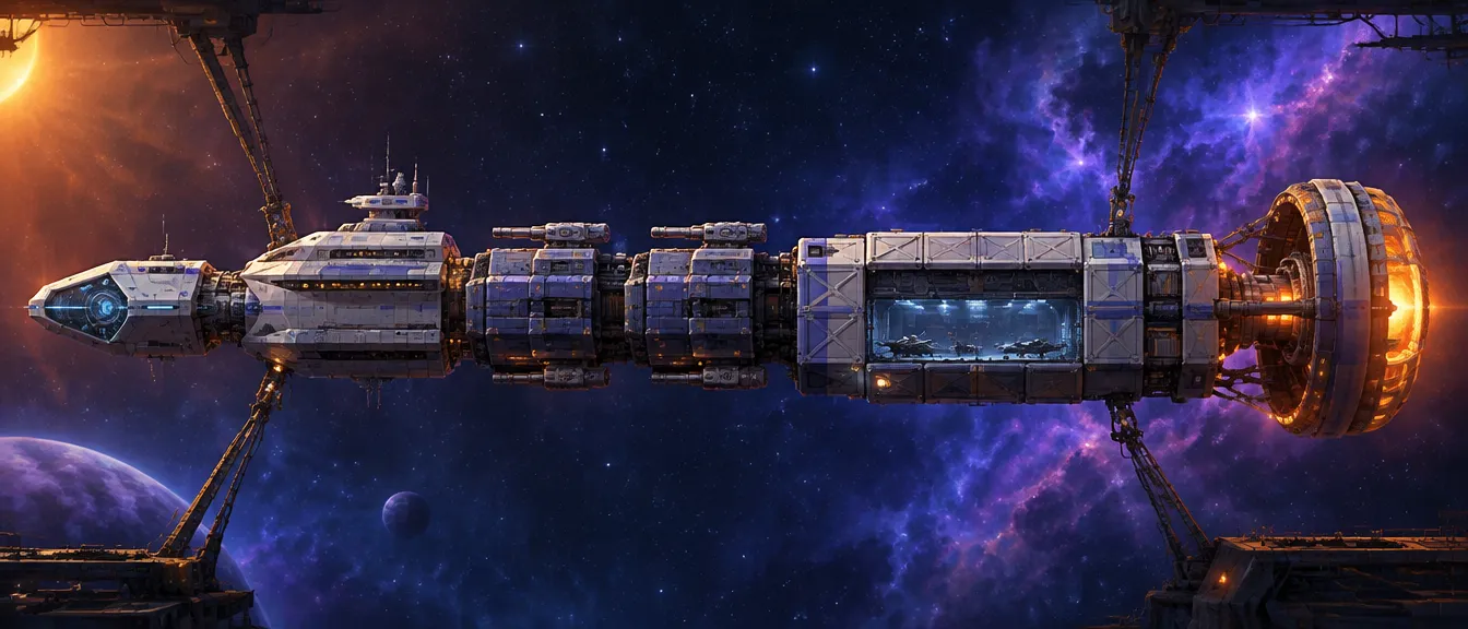 Fregat modular Keelwright dilihat dari samping di dok: haluan sensor, menara komando, dua blok senjata, hanggar yang terbuka dengan kapal kecil di dalamnya, dan mesin cincin yang menyala oranye.